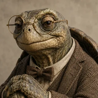 Portrait de Professeur Reptile : une tortue à lunettes rondes, en costume de tweed et nœud papillon, appuyée sur une canne.